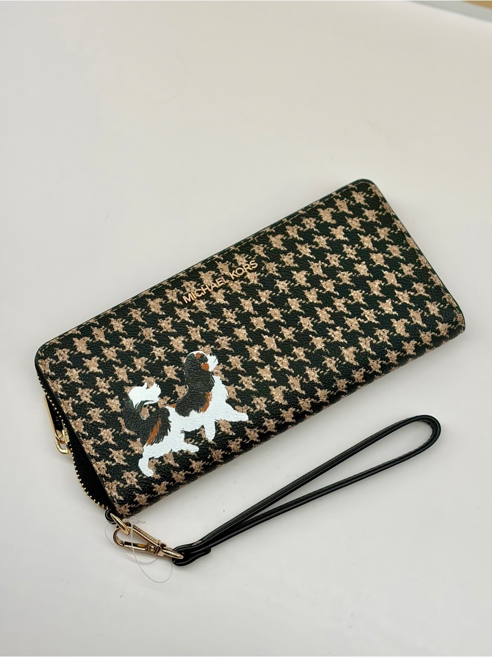 Michael Kors Black & Tan Houndstooth Zip Continental Wallet with Dog Applique
